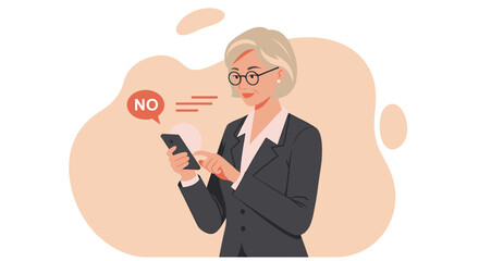 a woman in a business suit using a smartphone, with a speech bubble indicating a 