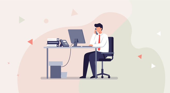 a man in a white shirt and tie seated at a desk, engaged in a phone conversation while working on a computer. Suitable for landing page, banner, marketing, web design, presentation, infographic, etc.