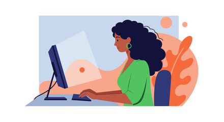 a woman with curly hair working on a computer, seated at a desk with a keyboard and mouse in front of her. Suitable for landing page, banner, marketing, web design, presentation, infographic, etc.