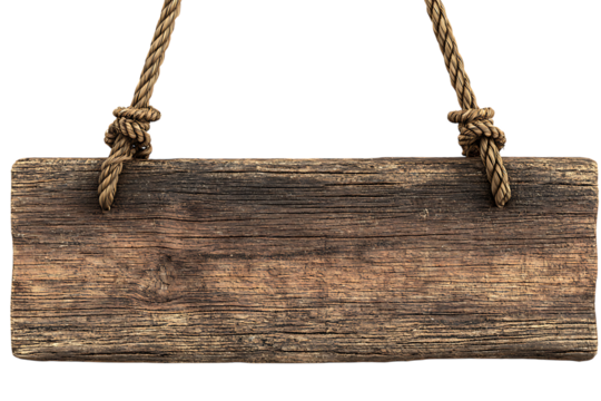 Rustic wooden plank sign hanging by thick rope with knots isolated on transparent background