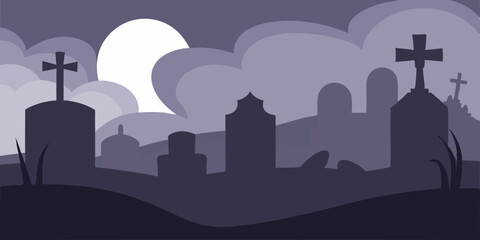 Spooky Halloween night city skyline with a silhouette of urban buildings and a vibrant sky illustration