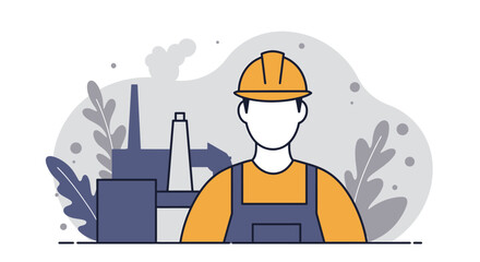 a construction worker wearing a hard hat, standing in front of a factory with smoke rising from it. Suitable for landing page, banner, marketing, web design, presentation, infographic, etc.