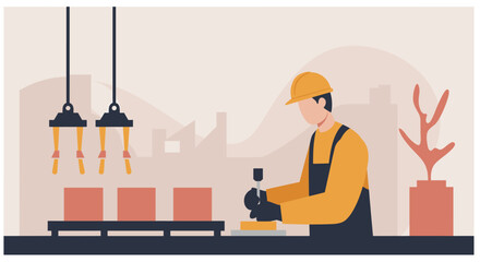 A factory worker in a hard hat and overalls carefully inspects products on a conveyor belt in a modern industrial facility, ensuring quality control and efficiency in the manufacturing process.