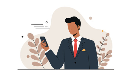 a man dressed in a suit and tie, holding a smartphone, with a plant and abstract shapes in the background. Suitable for landing page, banner, marketing, web design, presentation, infographic, etc.