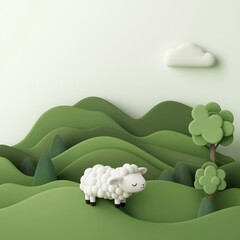 Cute and Playful Cartoon Sheep Grazing in a Scenic Green Landscape with Rolling Hills and Soft Clouds in a Whimsical Style