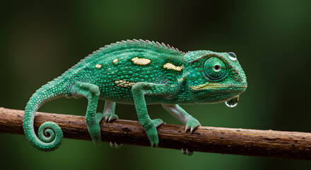 Obraz premium Green Chameleon with Droplet