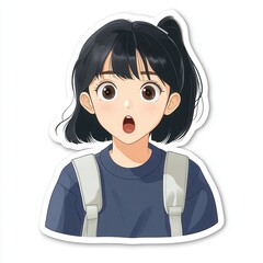 Surprised Young Girl with Short Hair and Backpack Strap Wearing Casual T-shirt Expressing Wonder and Curiosity in a Bright and Colorful Style