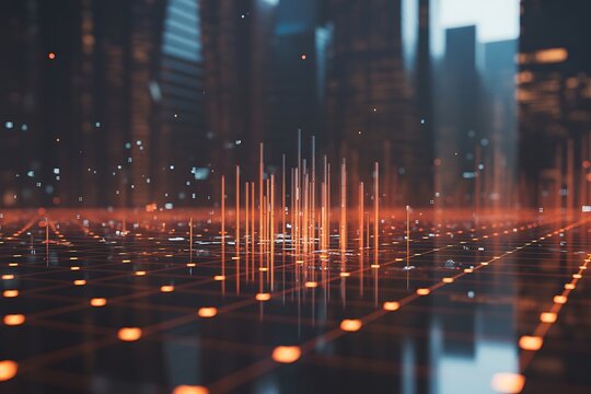 Abstract digital network visualization with glowing orange lines and vertical data points against a blurred cityscape background representing technology and connectivity - Powered by Adobe