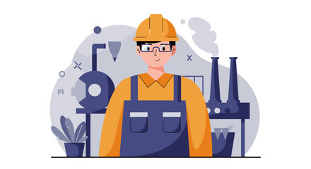 Friendly cartoon engineer in coveralls and hardhat smiles at the camera in his industrial workshop, surrounded by machinery and equipment.