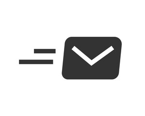 Send email message fast icon solid bold simple graphic illustration, black white receive quick speed postal mail delivery envelope flying