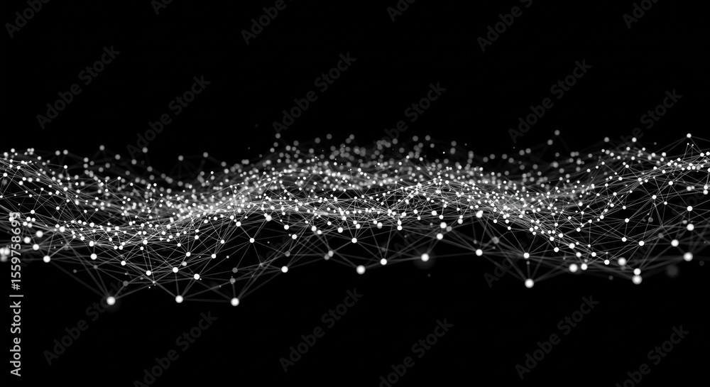 Poster abstract network of connected white dots and lines on a black background with a wavy pattern