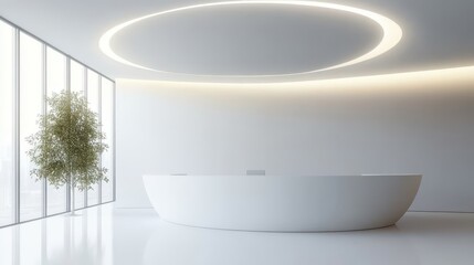 Modern minimalist interior with a circular light fixture and sleek white reception desk