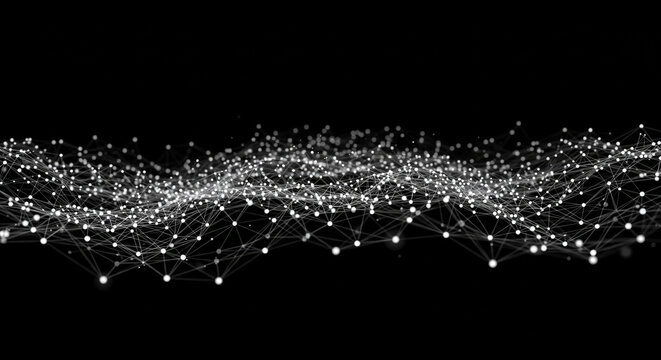 Abstract network of connected white dots and lines on a black background with a wavy pattern