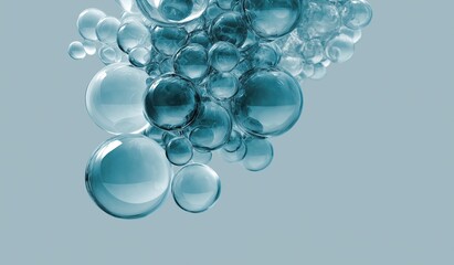 Abstract floating blue bubbles with soft shadows on light gray background, minimalist composition for social media, graphic design, and tranquil aesthetic concepts