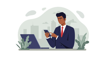 a man in a business suit using a smartphone, with a cityscape in the background. Suitable for landing page, banner, marketing, web design, presentation, infographic, etc.