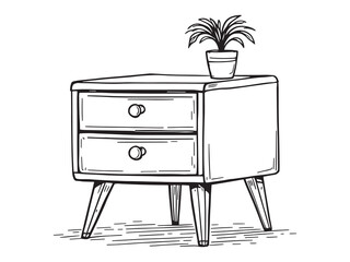 Vintage style nightstand line drawing black and white