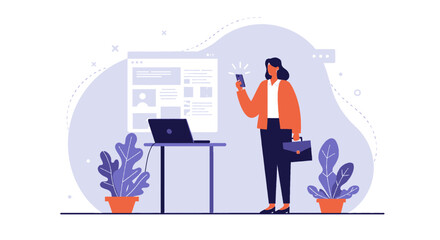 a woman standing at a desk with a laptop and a plant