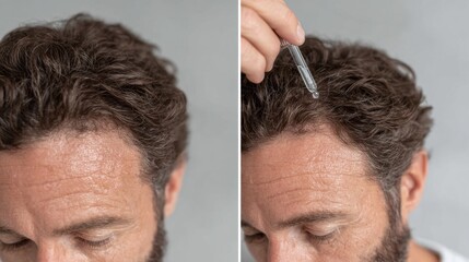 Man applying serum to scalp in a bright indoor setting, focusing on hair care and wellness routine for healthy hair growth. Hair Loss Awareness Month