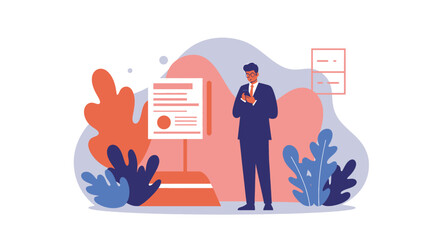 a man in a suit standing next to a clipboard with a document