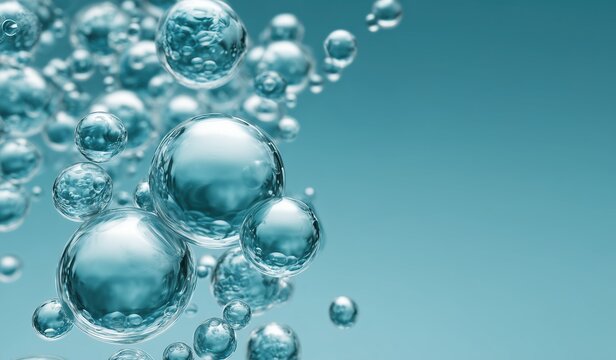 Abstract background of glossy clear blue water bubbles floating in air with subtle reflections, forming intricate yet simple pattern for creative projects, wallpaper, and elegant design concepts