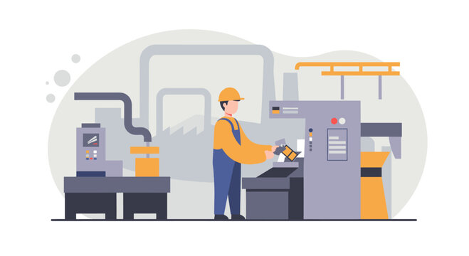 A male worker in a hard hat operates a machine in a modern industrial factory setting, depicted in a flat design style, ideal for presentations, banners, landing pages, and marketing materials.