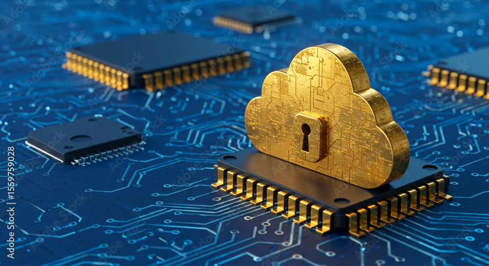Poster golden cloud with padlock on microchip representing secure cloud computing and data protection conce