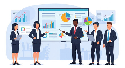 A diverse group of business professionals are in a meeting, reviewing charts and graphs. They are collaborating on strategy and discussing data analysis for a successful project outcome.

