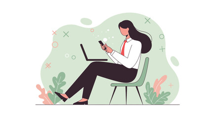 a woman seated in a chair, engrossed in her phone, with a laptop open beside her. Suitable for landing page, banner, marketing, web design, presentation, infographic, etc.