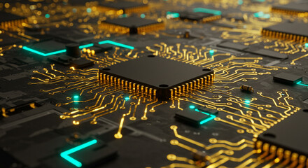 Close up view of a dark circuit board with golden pathways and bright blue accents glowing softly