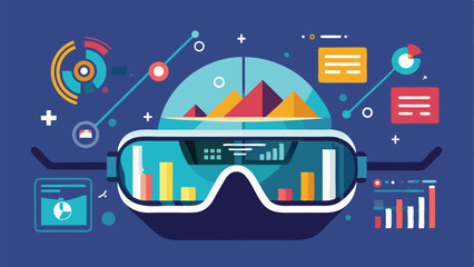 Virtual reality headset displaying data visualizations and charts in a digital environment