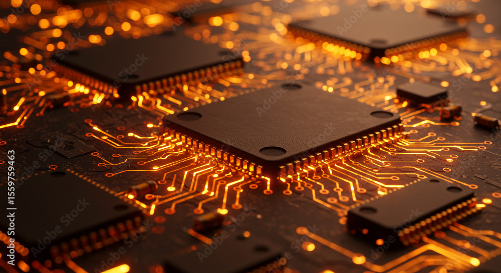 Poster a close up view of a circuit board with glowing orange pathways and black integrated circuits