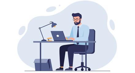 A man with glasses and a beard is sitting at a desk, working on a laptop with a lamp beside him. Suitable for landing page, banner, marketing, web design, presentation, infographic, etc.