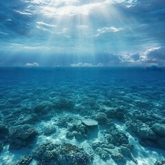 Tranquil Underwater Scene with Vibrant Coral Reefs and Sunlight Filtering Through Ocean Surface Creating a Beautiful Aquatic Landscape