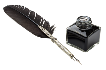 A black quill pen and an ink bottle isolated on white background AI Generated