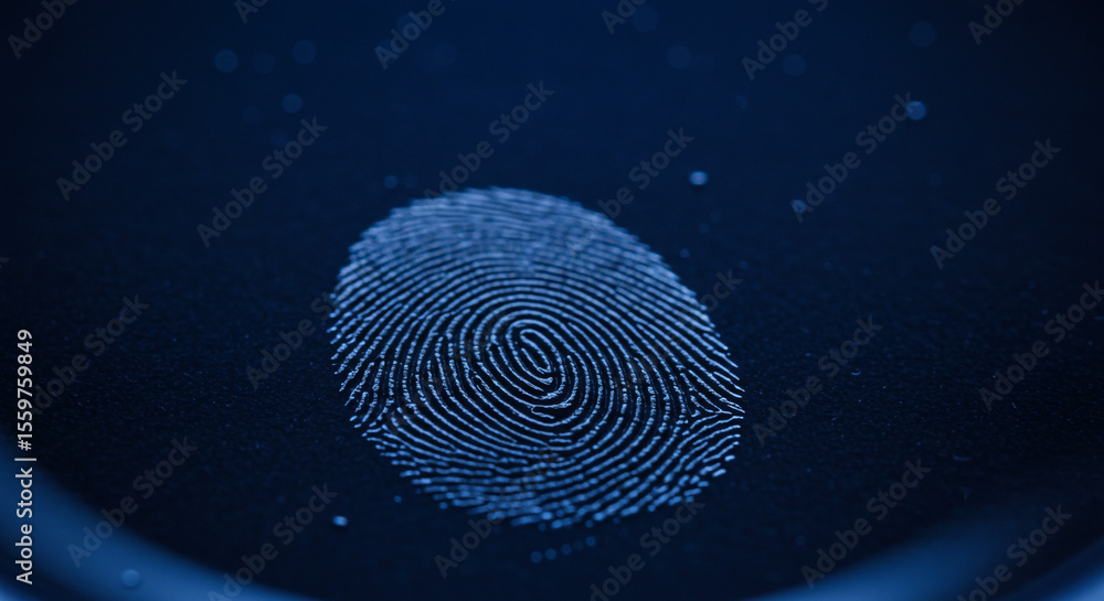 Poster a close up shot of a fingerprint on a dark blue background with some small specks of light around it