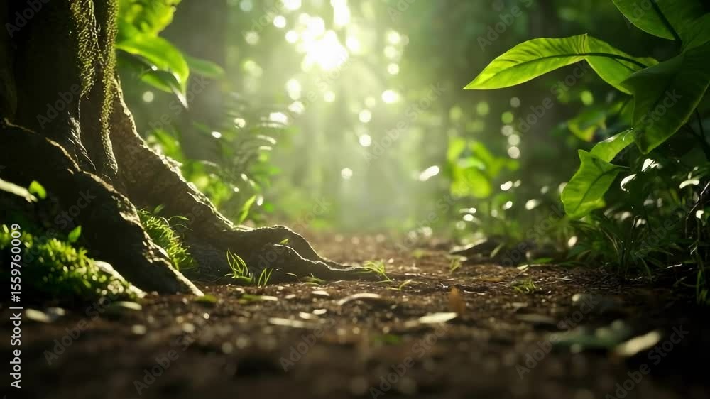 Poster a serene forest scene with sunlight filtering through trees, illuminating a leafy path and moss-cove