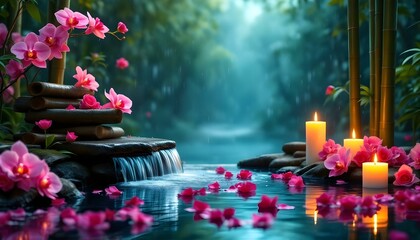 Candles Flowers and stones with water