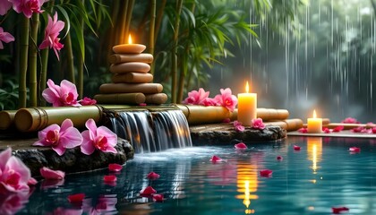 Candles Flowers and stones with water