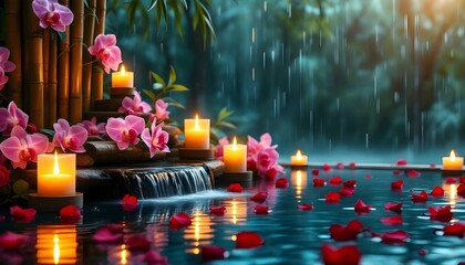 Candles Flowers and stones with water