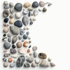 Diverse Collection of Seashells and Stones Arranged in Artistic Pattern on White Background for Natural Aesthetic and Coastal Themes