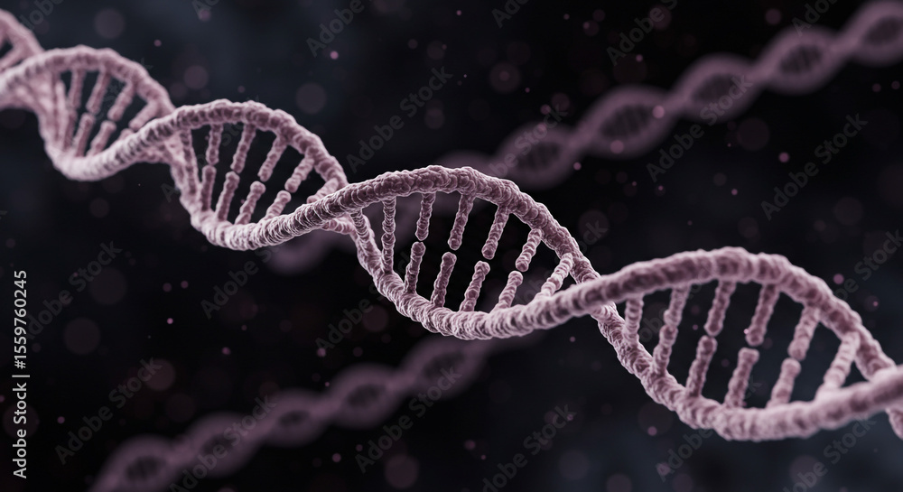 Poster detailed rendering of a dna double helix structure against a dark blurred background with particles