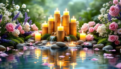Candles and stones are sitting on a bamboo raft with water