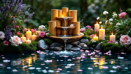 Candles and stones are sitting on a bamboo raft with water