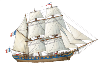 A detailed illustration of a three masted sailing ship with white sails, brown hull, and blue accents, set against a white background PNG