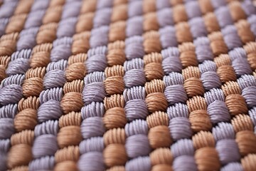 Close up macro shot of a woven textured surface with alternating rows of purple and tan braided fibers creating a visually appealing abstract pattern