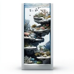 Underwater Scene with Diverse Coral Reefs and Colorful Marine Life in a Vertical Aquarium Tank Setting