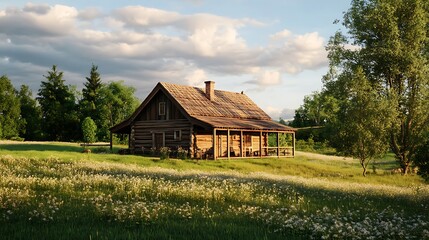 Rustic log cabin nestled in a tranquil meadow, surrounded by wildflowers and lush greenery, evoking a sense of peaceful country living.
