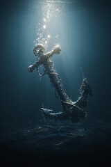 An old rusty ship anchor lying on the seabed deep under the ocean, Heavy marine equipment used for sailing ships, boats. Maritime history and marine equipment
