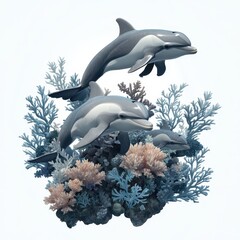 Playful Dolphins Swimming Among Vibrant Coral Underwater Scene with Sea Plants and Colorful Marine Life in a Tranquil Ocean Setting