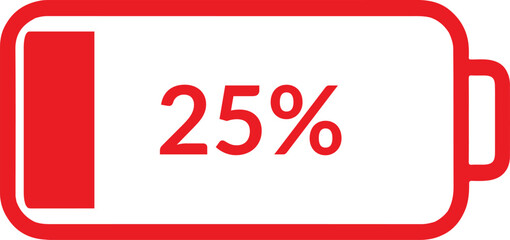 Battery Icon – 25% Charge Level – Low Battery Warning Symbol in Red
